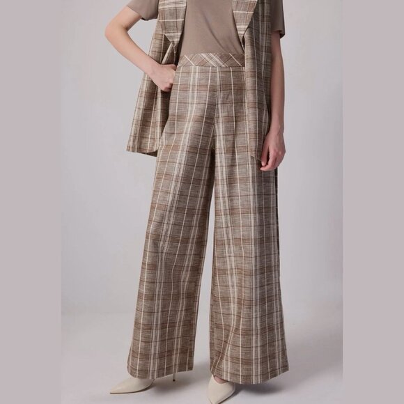 Touché Privé Two-Piece Suit Plaid 100% Linen Belted Vest & Wide-Leg Pants Size L - Picture 6 of 7